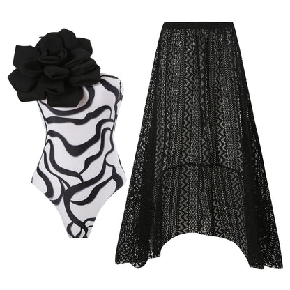 One Piece Swimsuit Skinny Slimming Big Floral Swimsuit Outfit Chiffon Dress