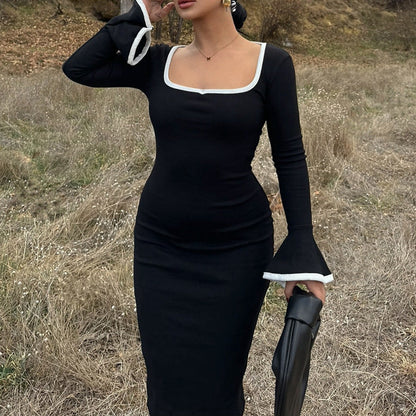 Square Collar Contrast Color Knitted Midi Dress Bell Sleeve Sheath