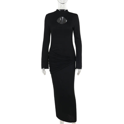 High Collar Hollow Out Cutout Out Knitted Pencil  Elegant Slim Fit Maxi Dress