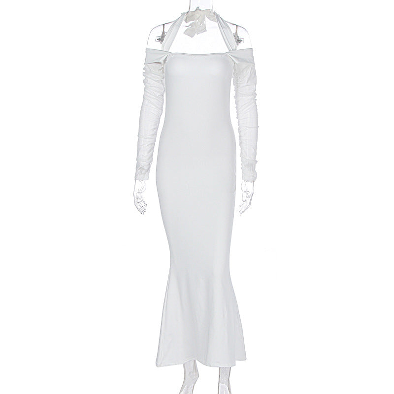 Personality Slim Fit Halterneck Long Sleeved Lace up off Shoulder Dress