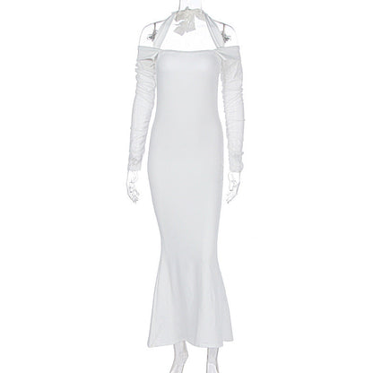 Personality Slim Fit Halterneck Long Sleeved Lace up off Shoulder Dress