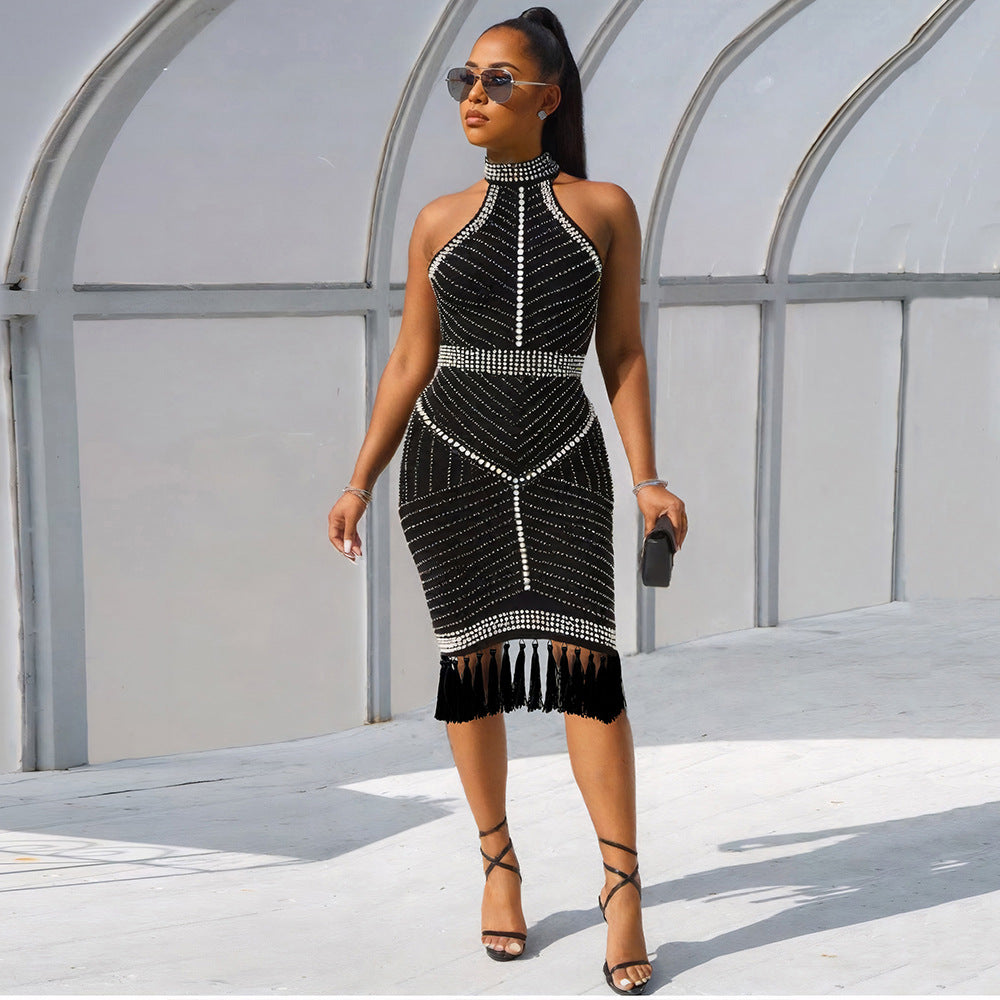 High Collar Halter Sleeveless Beaded Tassel Bandage Dress Socialite Gathering Backless Dress