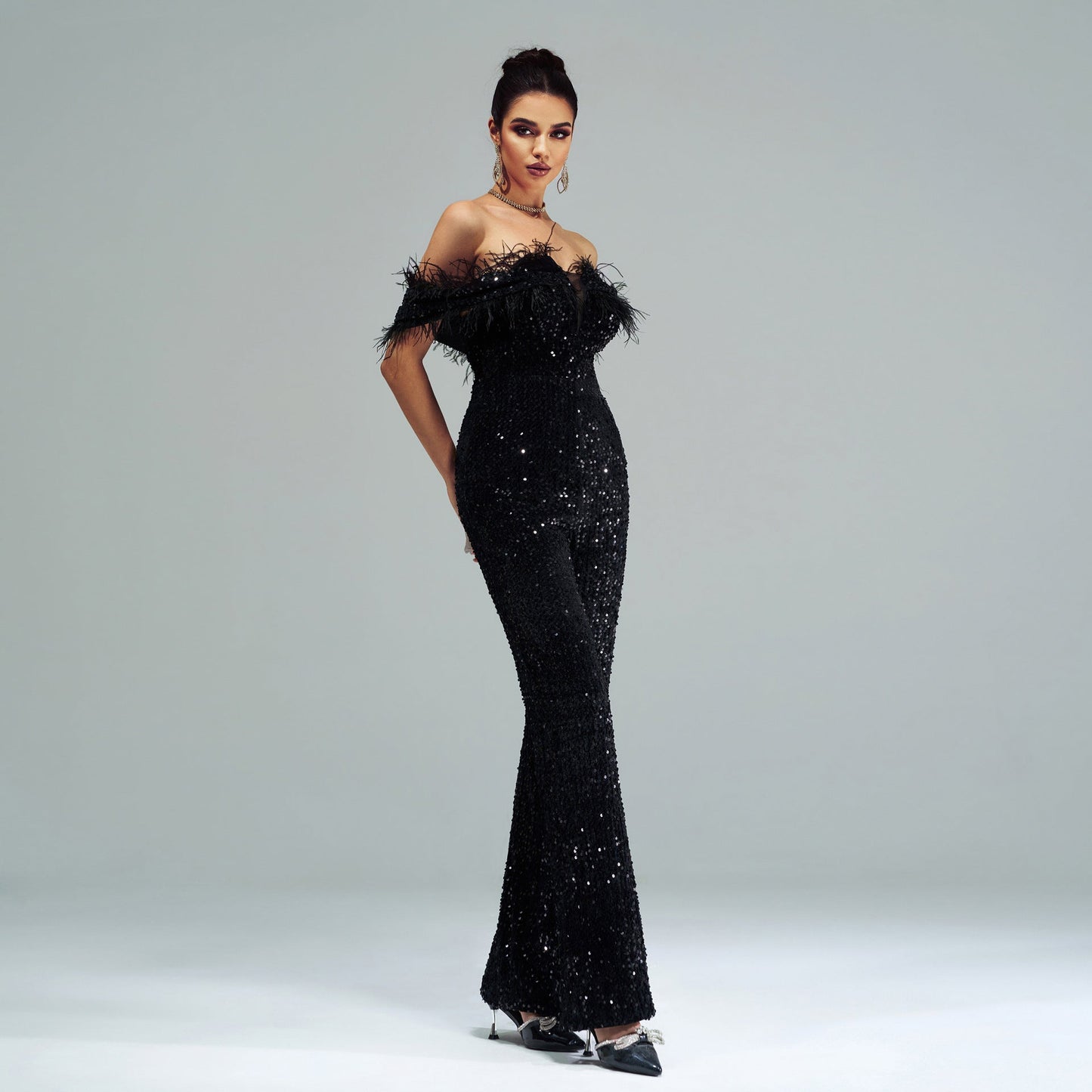 High End Long off Neck Sequined Cocktail Jumpsuit Evening Dress Bridesmaid Dress