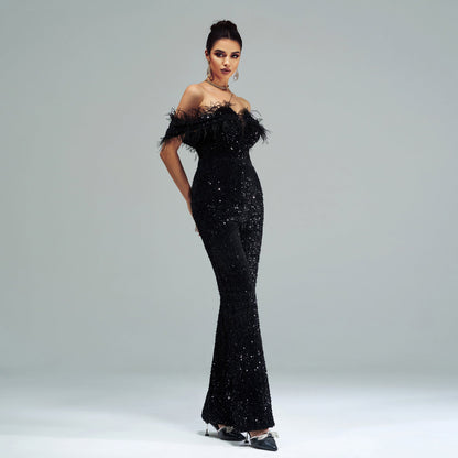 High End Long off Neck Sequined Cocktail Jumpsuit Evening Dress Bridesmaid Dress