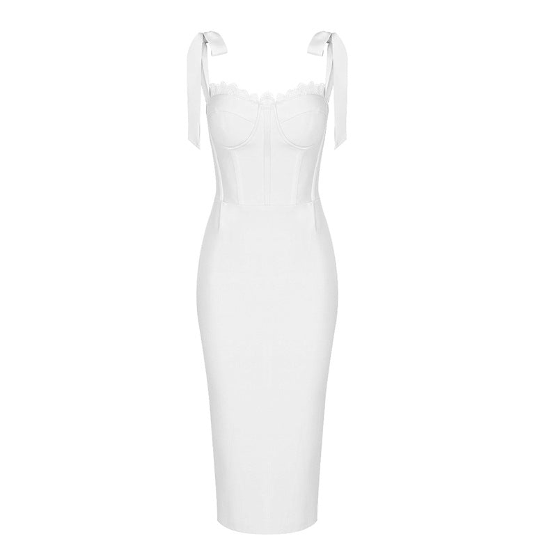 Fashionable High End Lace Slim Fit Boning Corset White Dress Knitted Bandage Dress