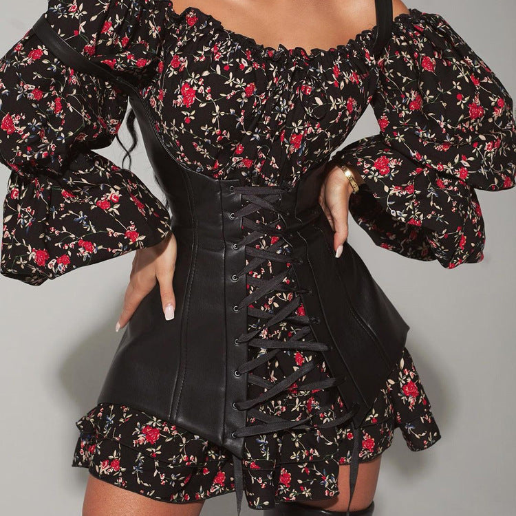Long Sleeve Floral Dress with Vest Waist Tight Slimming A line Dress