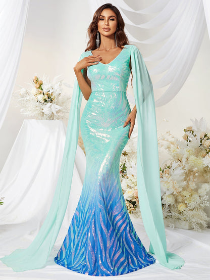 Sequined V Neck Long Sleeve Mermaid Prom Evening Dress Fishtail Dress Gradient