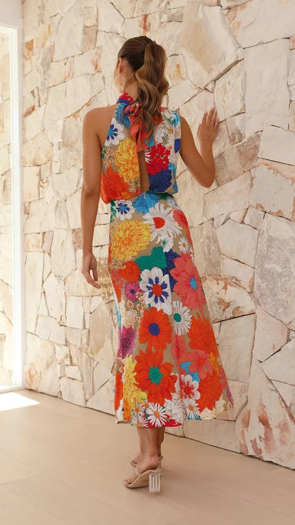 VacationPrinted Halter Sleeveless Waist Tight Dress