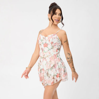 Floral Adjustable Shoulder Strap Ruffled Hem Mini Dress