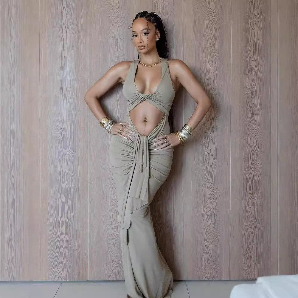 Twisted Hollow Out Cutout out Dress Pleated Lace up Halter Sleeveless Fishtail Dress