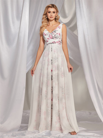 Chiffon White V Collar Printed Dress Slim Fit Maxi Dress Cocktail Evening Dress Bridesmaid Dress for