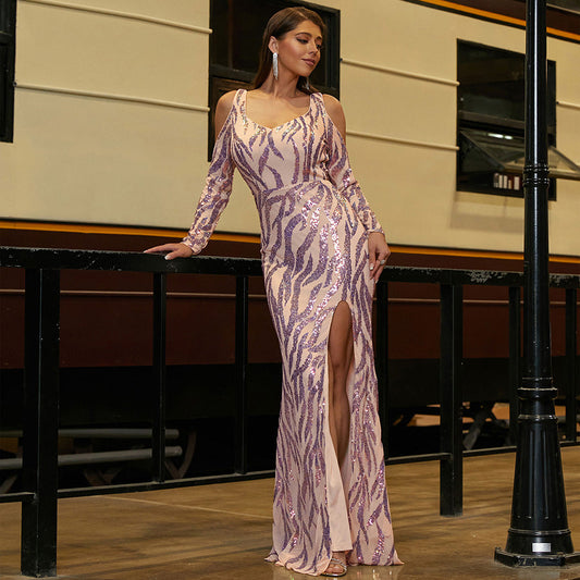 Long Sleeved Elegant Backless Long Sequined U Neck Cocktail Evening Dress Bridesmaid