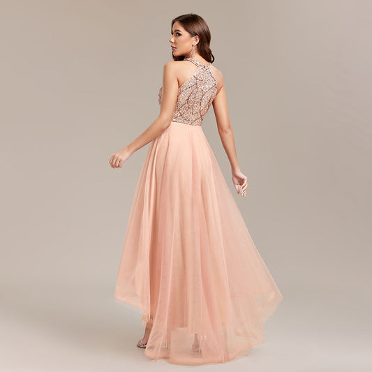 Heavy Industry Halter Sequin Stitching Multi Layer Mesh Sleeveless Irregular Asymmetric Hem Pettidress Ball Gown Organza