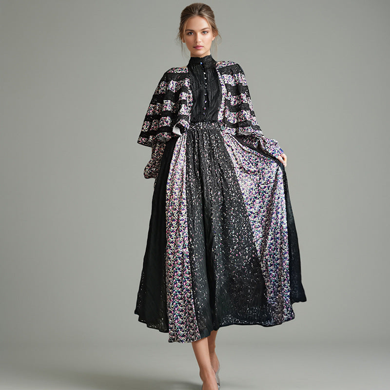 Elegant High Waist Lace Maxi Dress Cape Shawl Design Printed Maxi