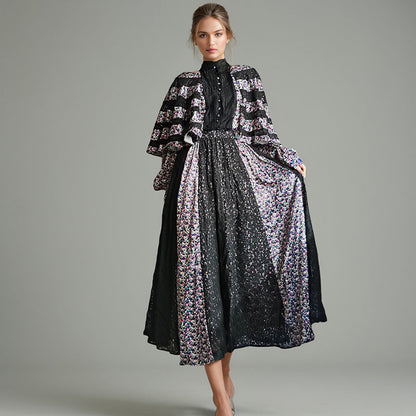 Elegant High Waist Lace Maxi Dress Cape Shawl Design Printed Maxi