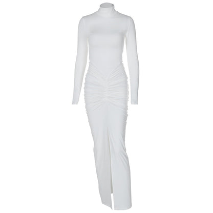 Half High Collar Long Sleeves Slim Fit Fold Split Maxi Dress