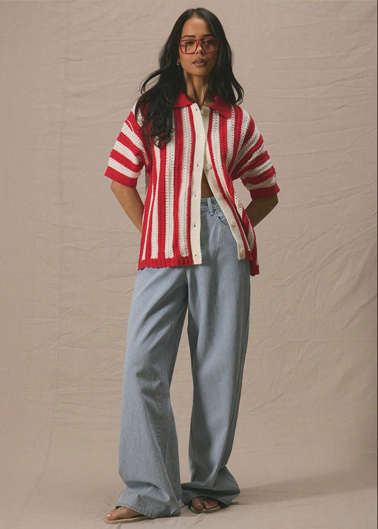 Marseille Stripe - Crochet Knit Button-Up Shirt