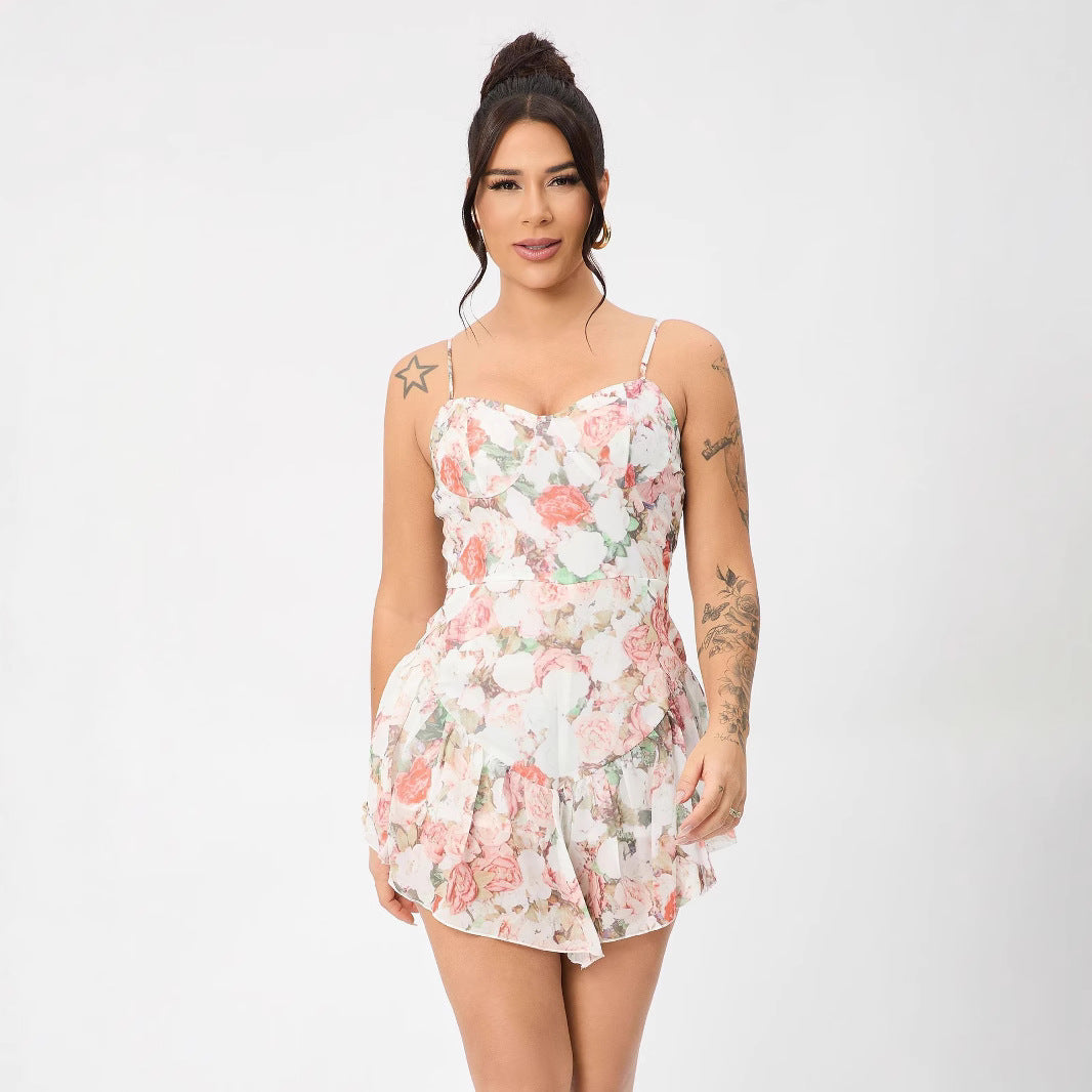 Floral Adjustable Shoulder Strap Ruffled Hem Mini Dress