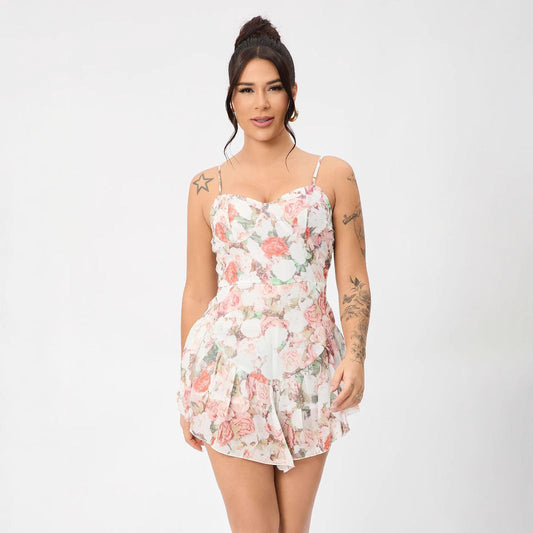 Floral Adjustable Shoulder Strap Ruffled Hem Mini Dress