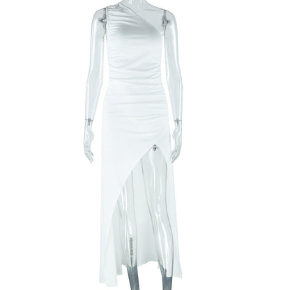 Solid Color Dress Diagonal Collar Open Shoulder Sleeveless Split Maxi Dress