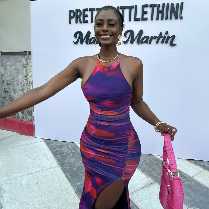 Personalized Printed Pleated Tight Backless Halter Split Dress