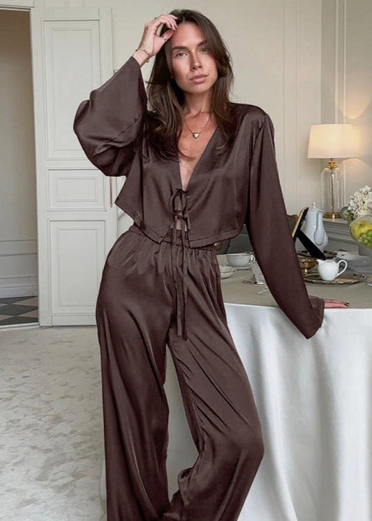 Satin Tie-Front Wide-Leg Set