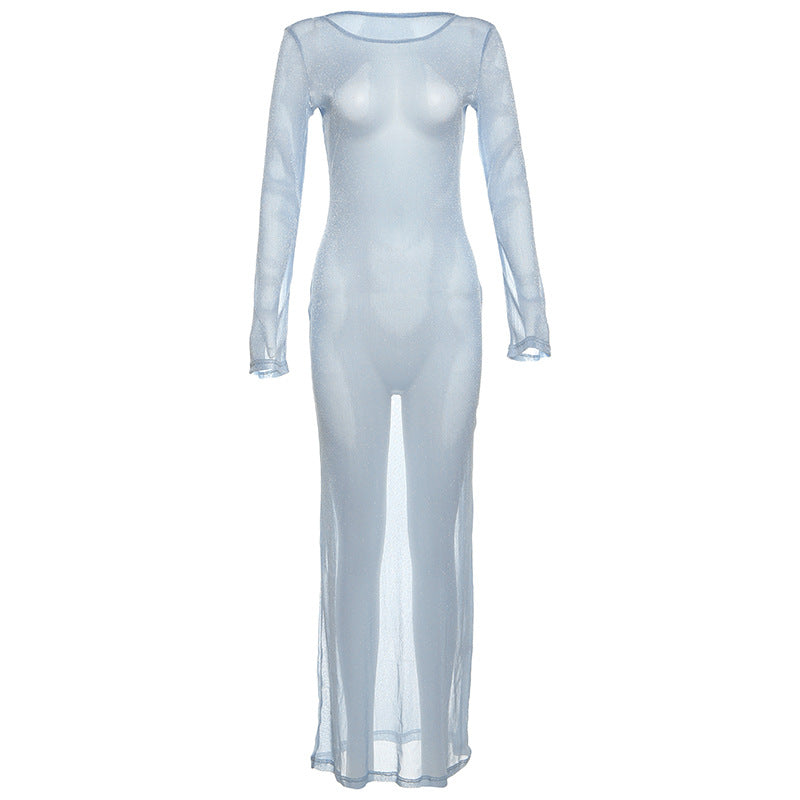 Wear Personality Round Neck Slim Fit Maxi Dress See Through Long Sleeves Dress