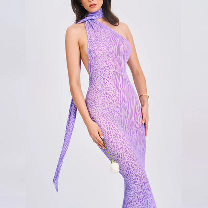 Mesh Sleeveless Dress Leopard Print Backless Halter Dress