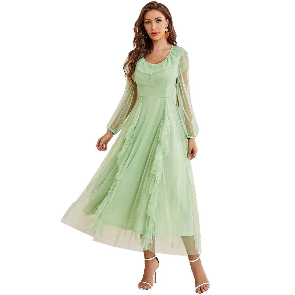 Lace Mesh Maxi Dress round Neck High Waist Voile A line Dress