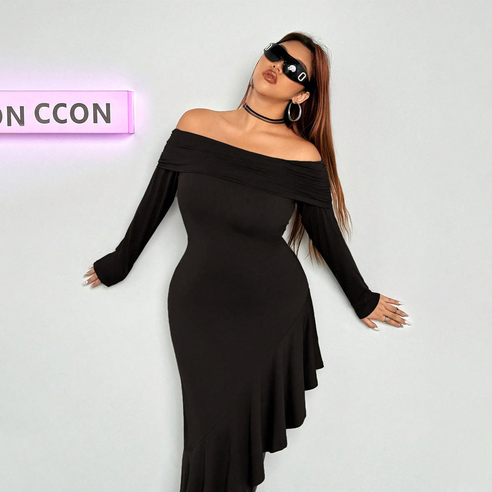 Elegant Dress  Boat Collar Wooden Ear Midi Dress