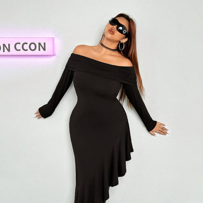 Elegant Dress  Boat Collar Wooden Ear Midi Dress