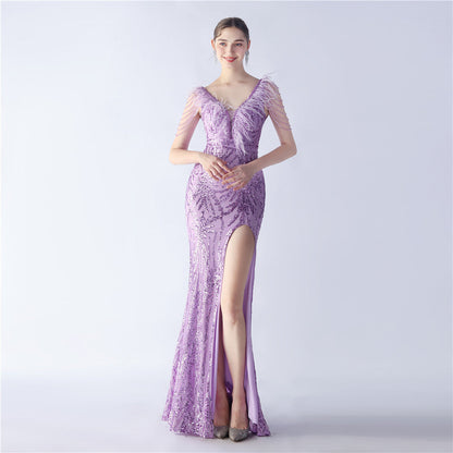 Heavy Industry Ostrich Feather plus Beaded Long Sequined Evening Dress