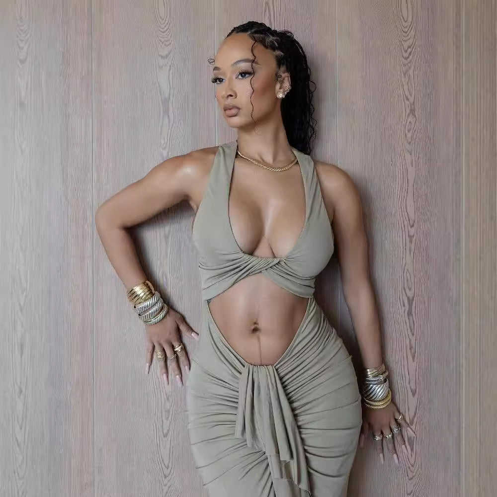 Twisted Hollow Out Cutout out Dress Pleated Lace up Halter Sleeveless Fishtail Dress