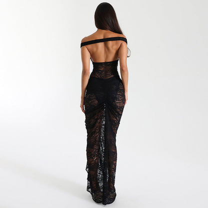 Lace off Shoulder Jumpsuit High Waist Dress See through Set