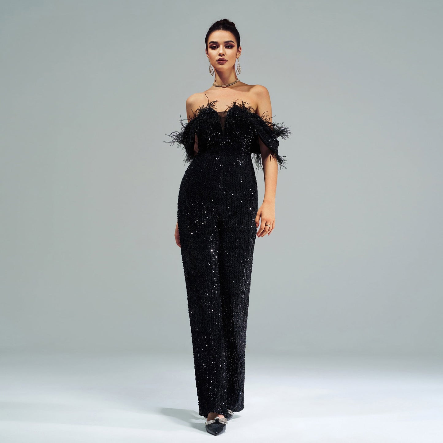 High End Long off Neck Sequined Cocktail Jumpsuit Evening Dress Bridesmaid Dress