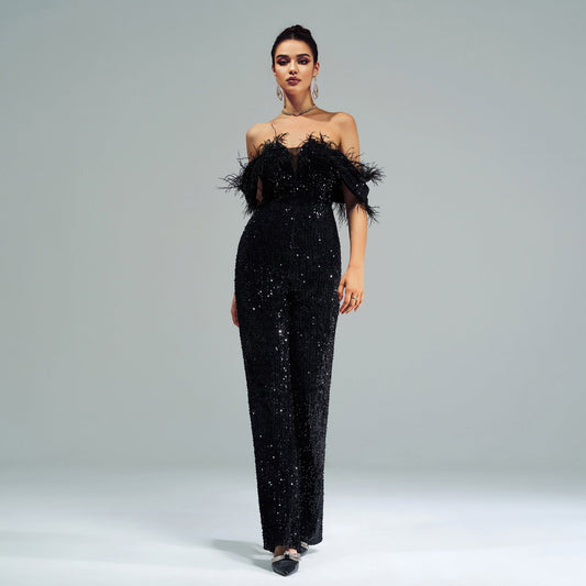 High End Long off Neck Sequined Cocktail Jumpsuit Evening Dress Bridesmaid Dress