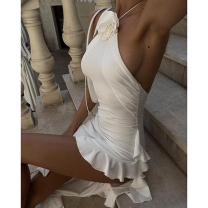 Fashionable Elegant Slim Fit Three Dimensional Floral Halter Split Dress for