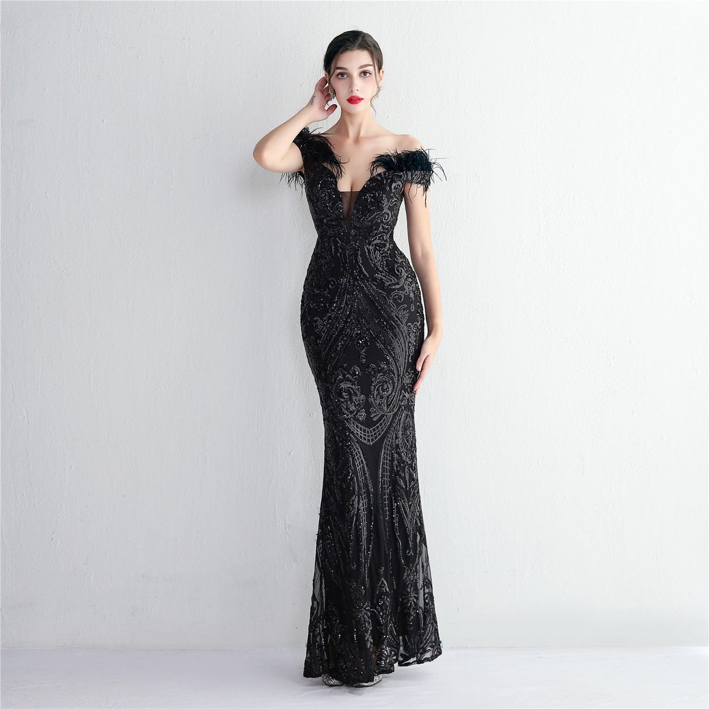 High Density Three Dimensional Strong Sequin Positioning Floral Craft Handmade Wool Cocktail Slim Fit Evening Dress