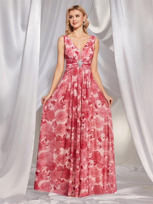 Chiffon V neck Pink Printed Dress Slim Fit Maxi Dress Cocktail Evening Dress Bridesmaid Dress for