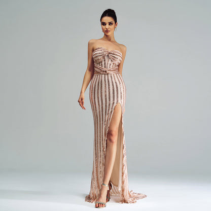 High Class Elegant off Neck Wrapped Chest Cocktail Sequined Split Sheath Evening