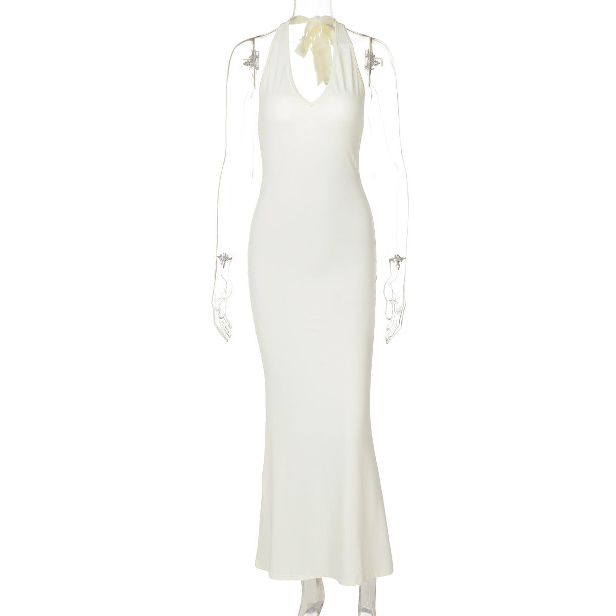 V neck Halter Maxi Dress Backless Slim Fit Solid Color