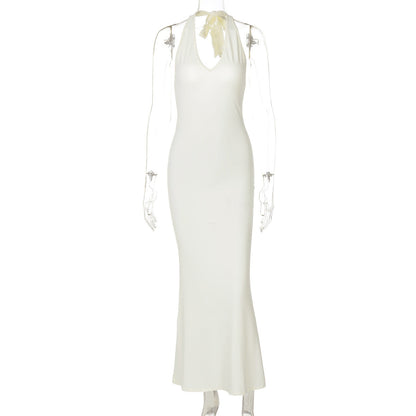 V neck Halter Maxi Dress Backless Slim Fit Solid Color