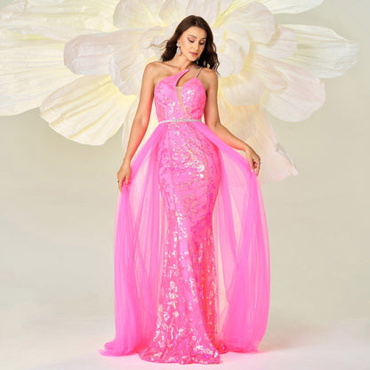 High End One Shoulder Diagonal Collar Sequin Gauze Cocktail Evening Dress Bridesmaid