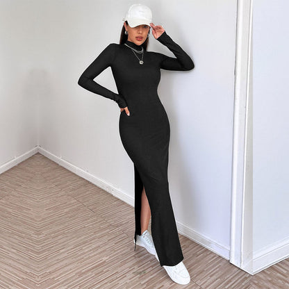 Simple  Backless Design Slim Fit Slit Midi Dress