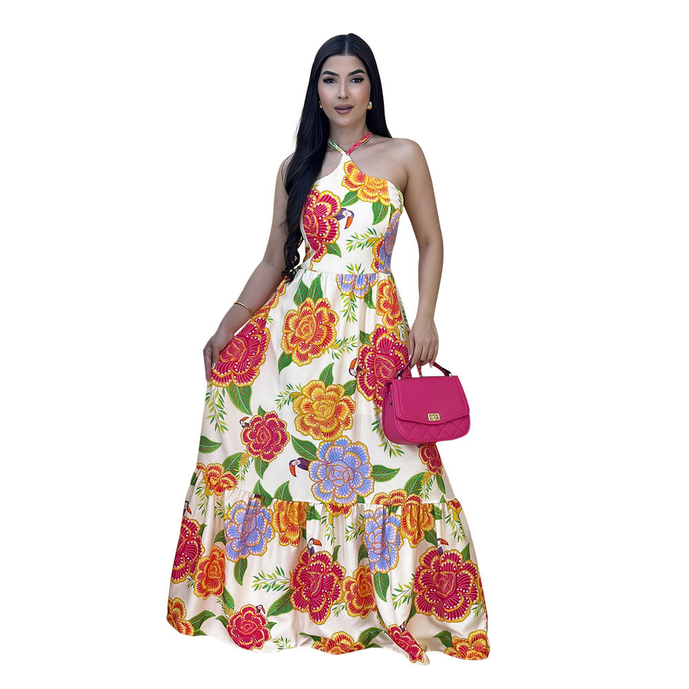 Halter Lace up Backless Dress French Printed Slim Fit Dress