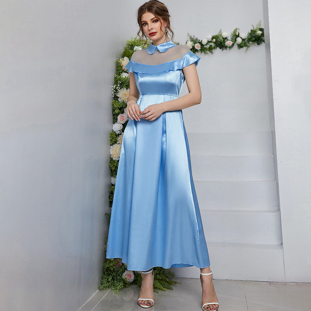 Blue Mesh Maxi Dress High Waist A line Dress