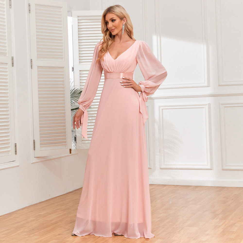 Pink Chiffon Dress Lace Up Long Sleeve Pairs V Neck Stitching Elastic Waist A Large Swing Evening Dress