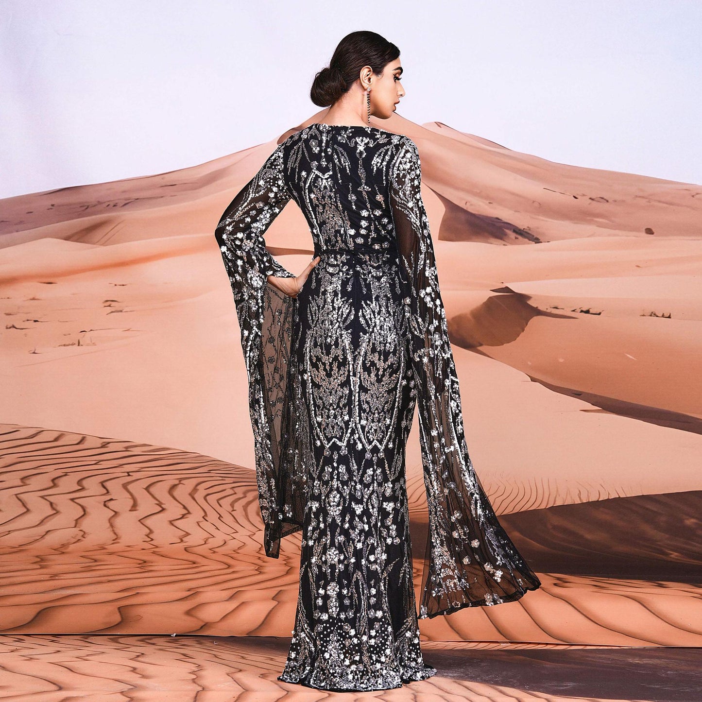 Super Long Sleeve Crew Neck Slim Long Sequined Cocktail Evening Dress Bridesmaid Dress