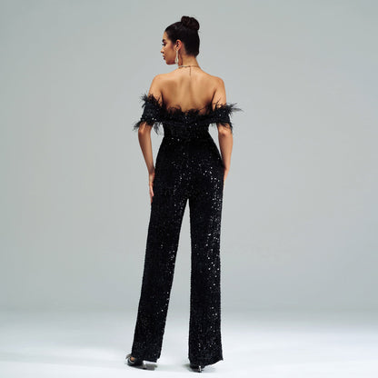 High End Long off Neck Sequined Cocktail Jumpsuit Evening Dress Bridesmaid Dress