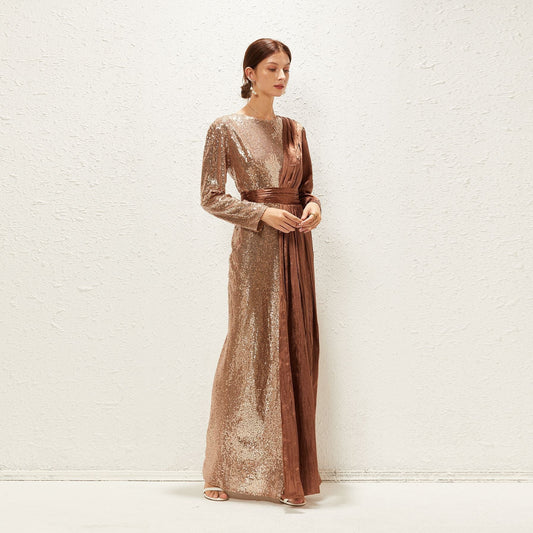 Elegant Embroidery Sequin Stitching Crumpled Satin Dubai Waist Trimming Maxi Dress Prom Formal Gown Maxi